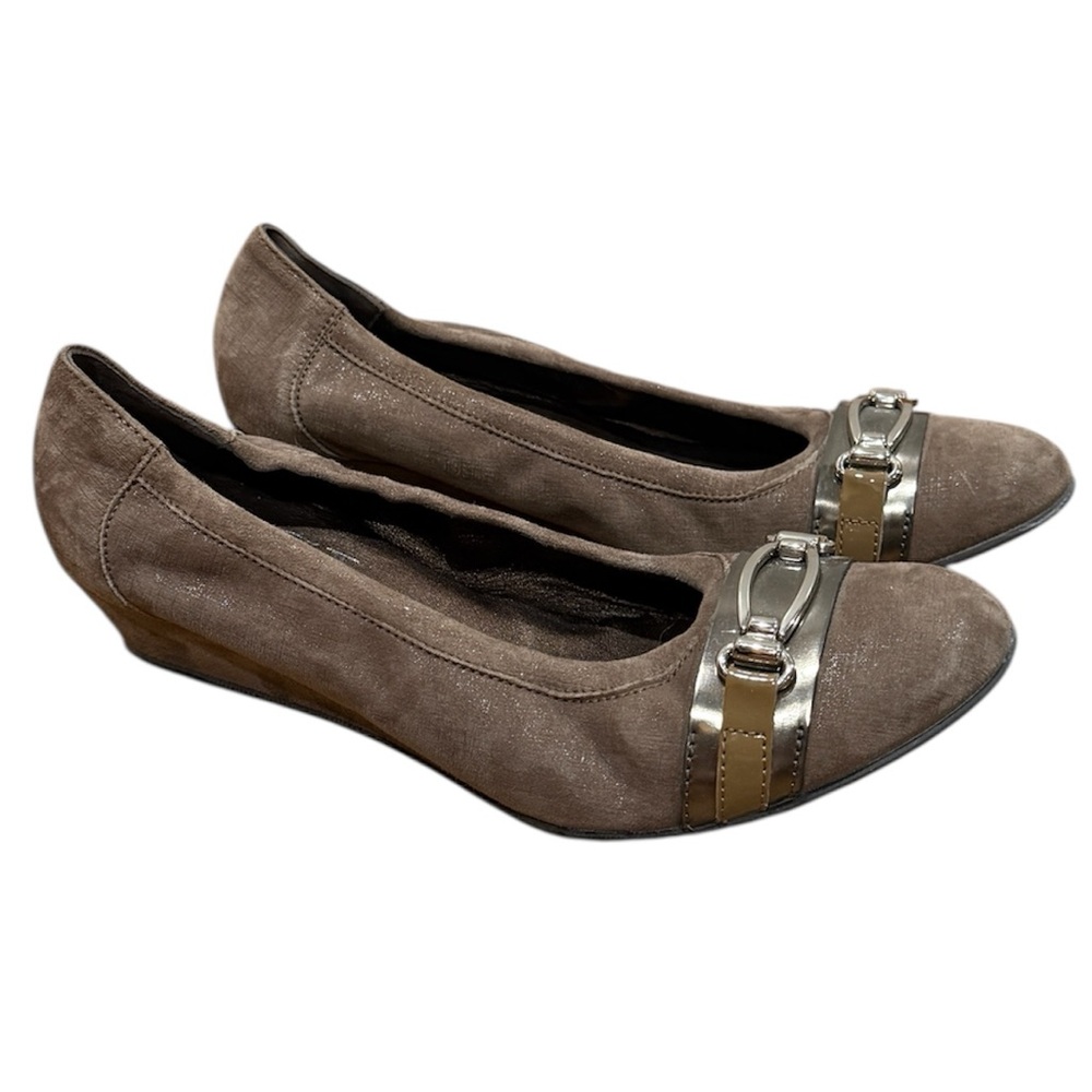 AGL Attilio Giusti Leombruni Shoes Sz 41.5 US 11.5 Tan Shimmer Suede Wedge Pumps